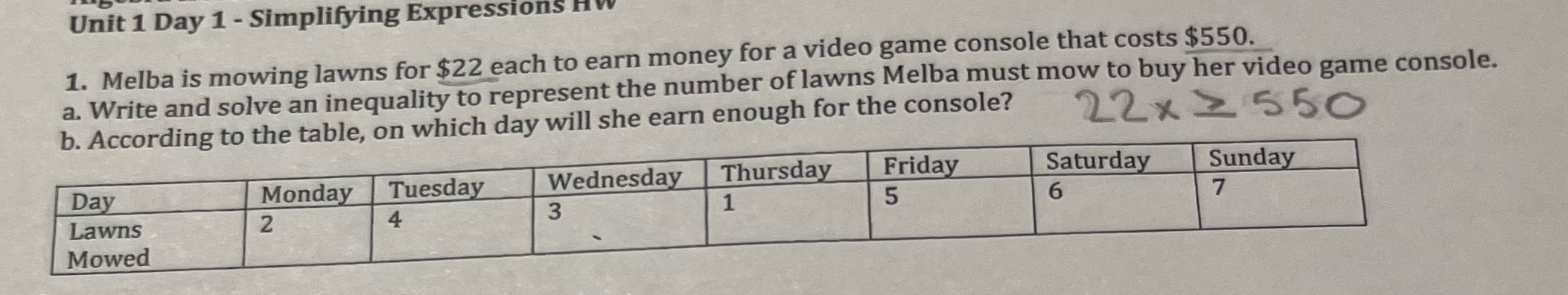 Unit 1 Day 1 - Simplifying Expressions HW 1.