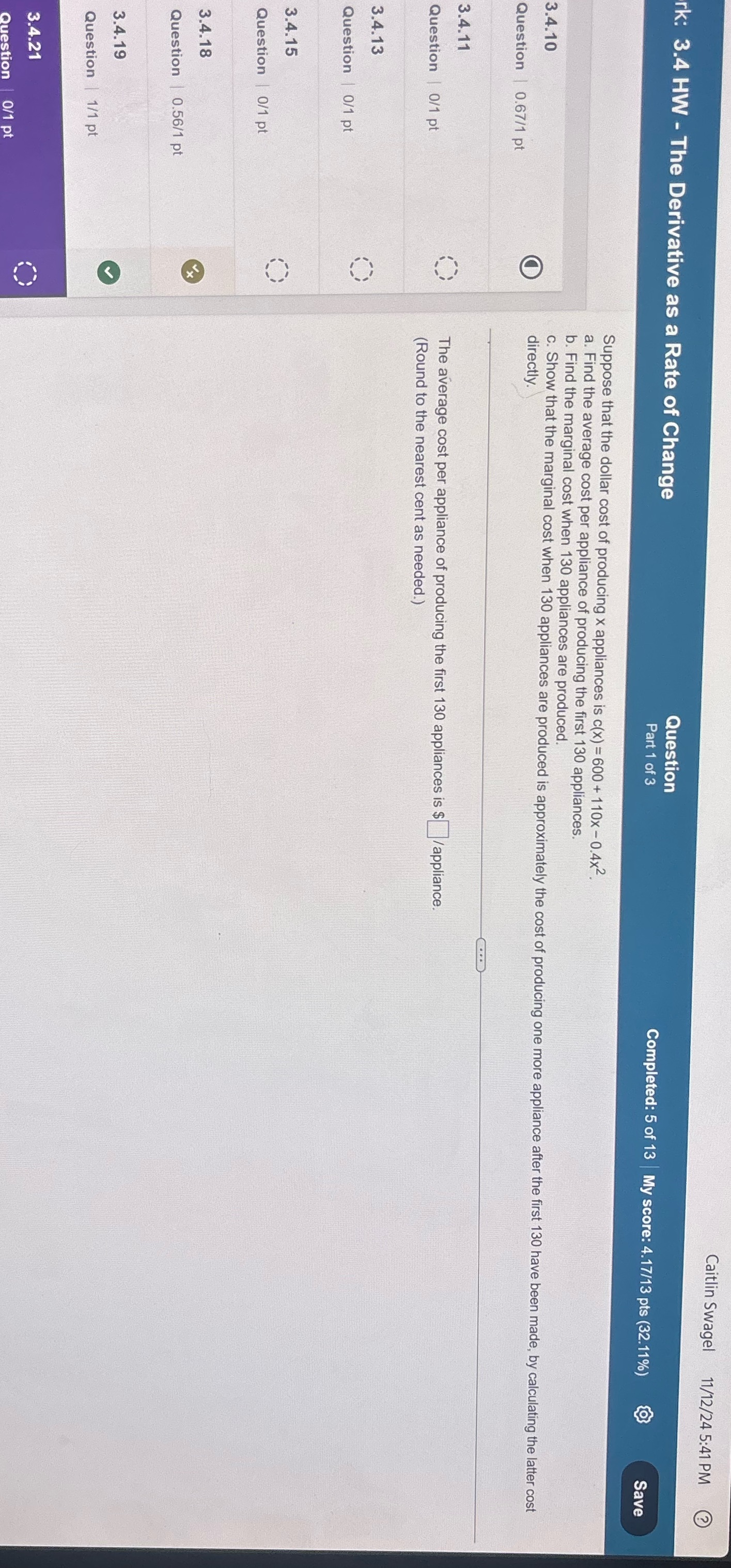 3.4.21 #11 3.4 HW - The Derivative as a Rate of