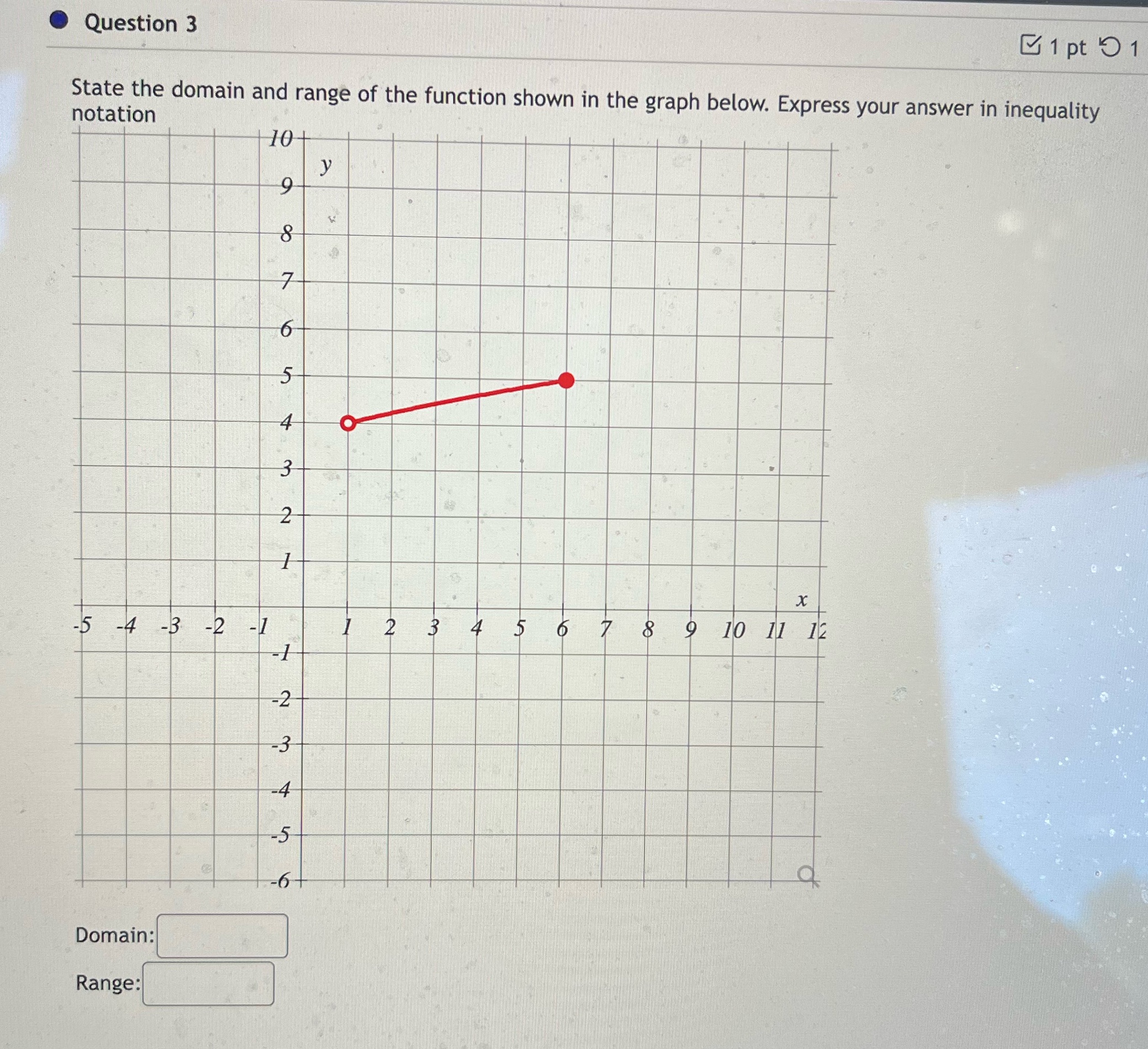 Question 3 [ 1 pt 9 1 State the domain and range
