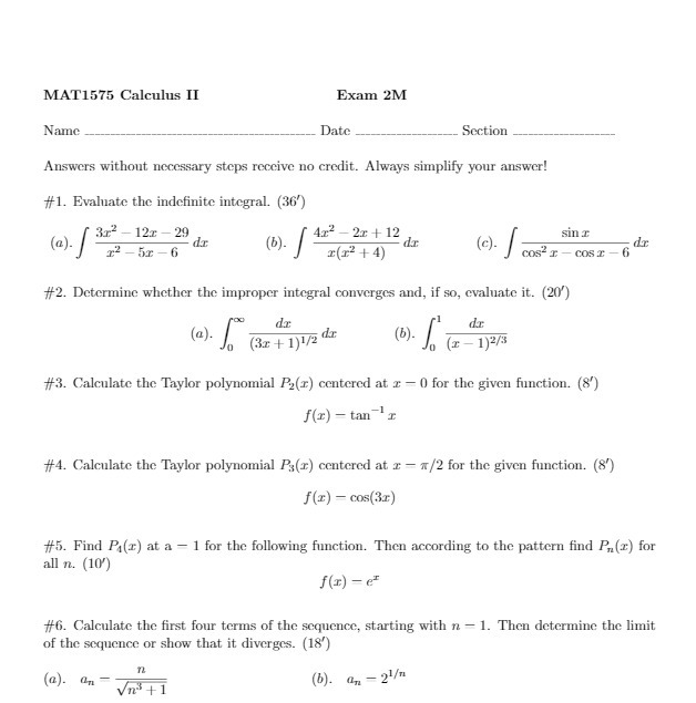 MAT1575 Calculus II Exam 2M Name Date Section