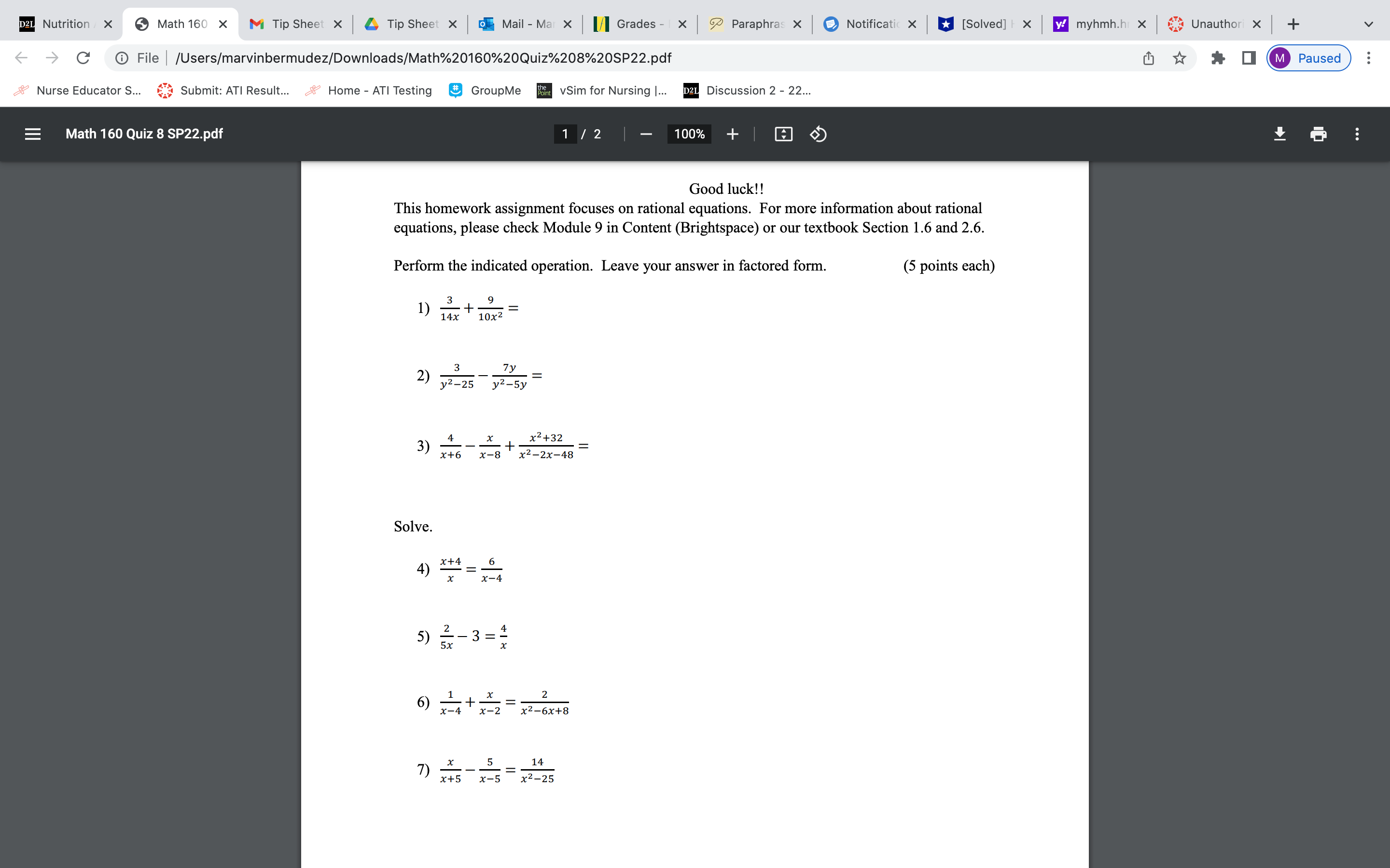 D2L Nutrition X Math 160 X M Tip Sheet X Tip