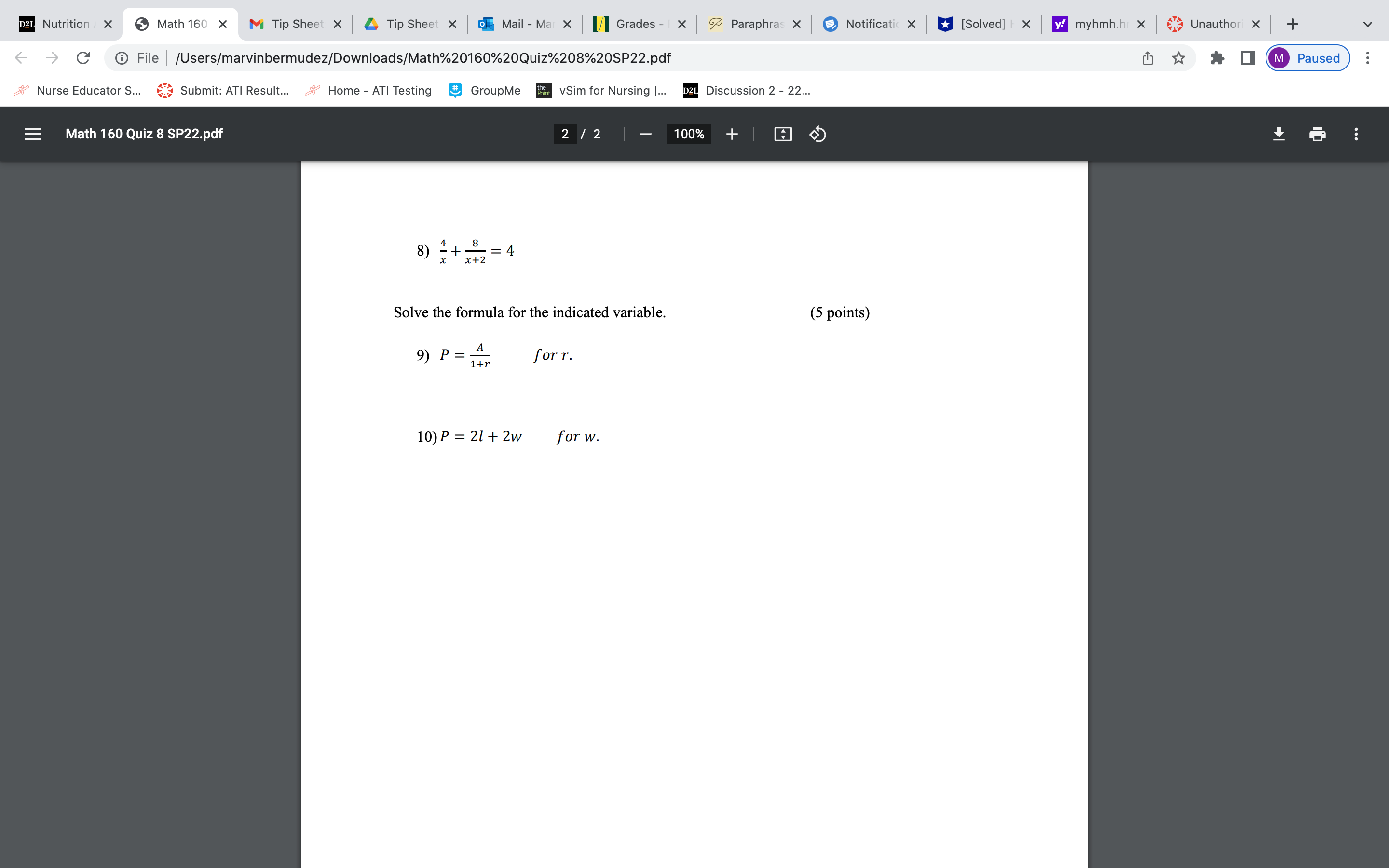 D2L Nutrition X Math 160 X M Tip Sheet X Tip