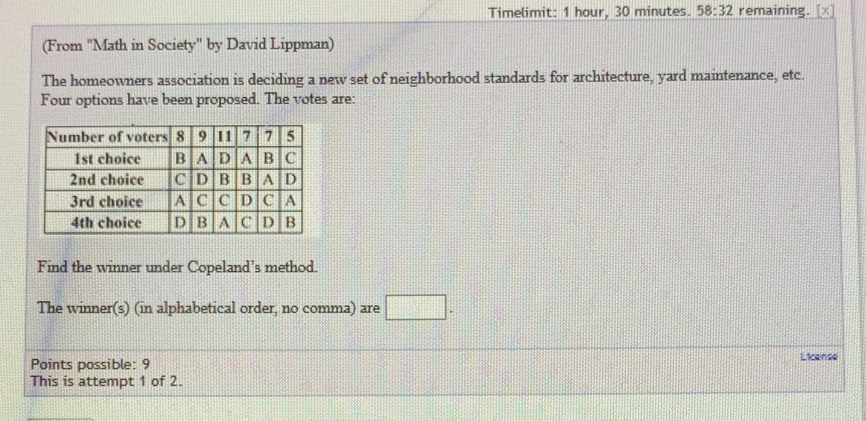 Timelimit: 1 hour, 30 minutes. 58:32 remaining.