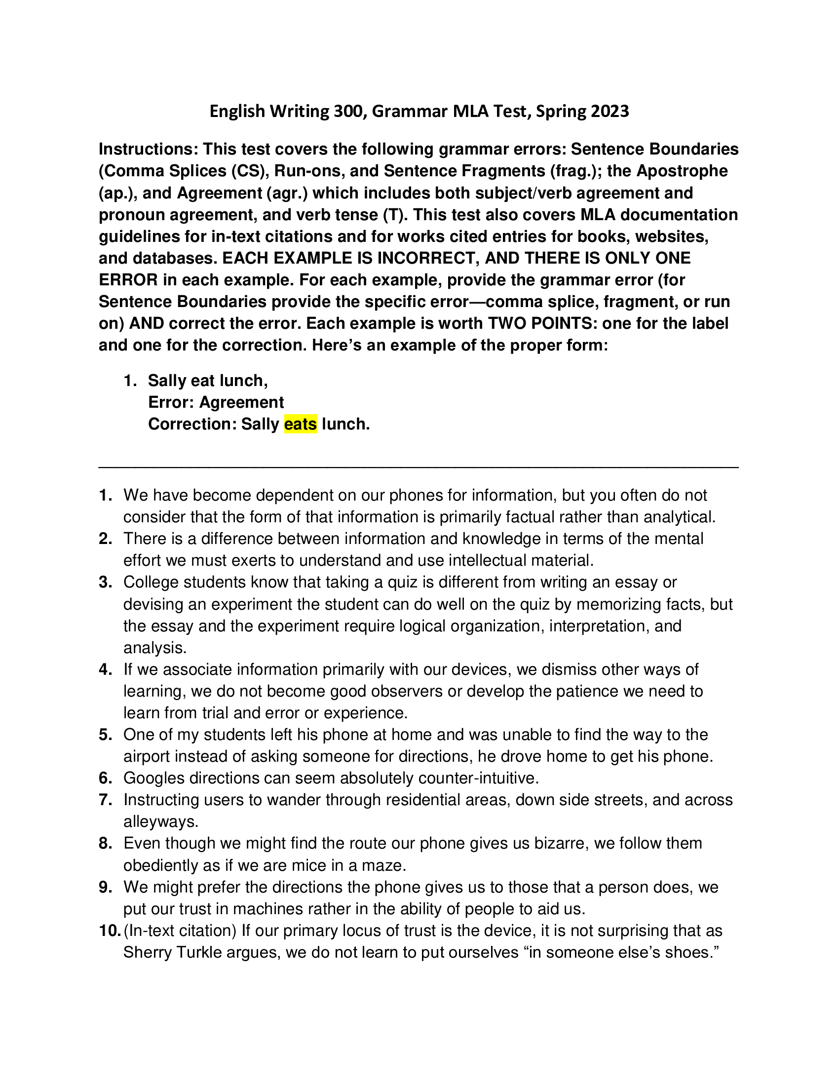 English Writing 300, Grammar MLA Test, Spring