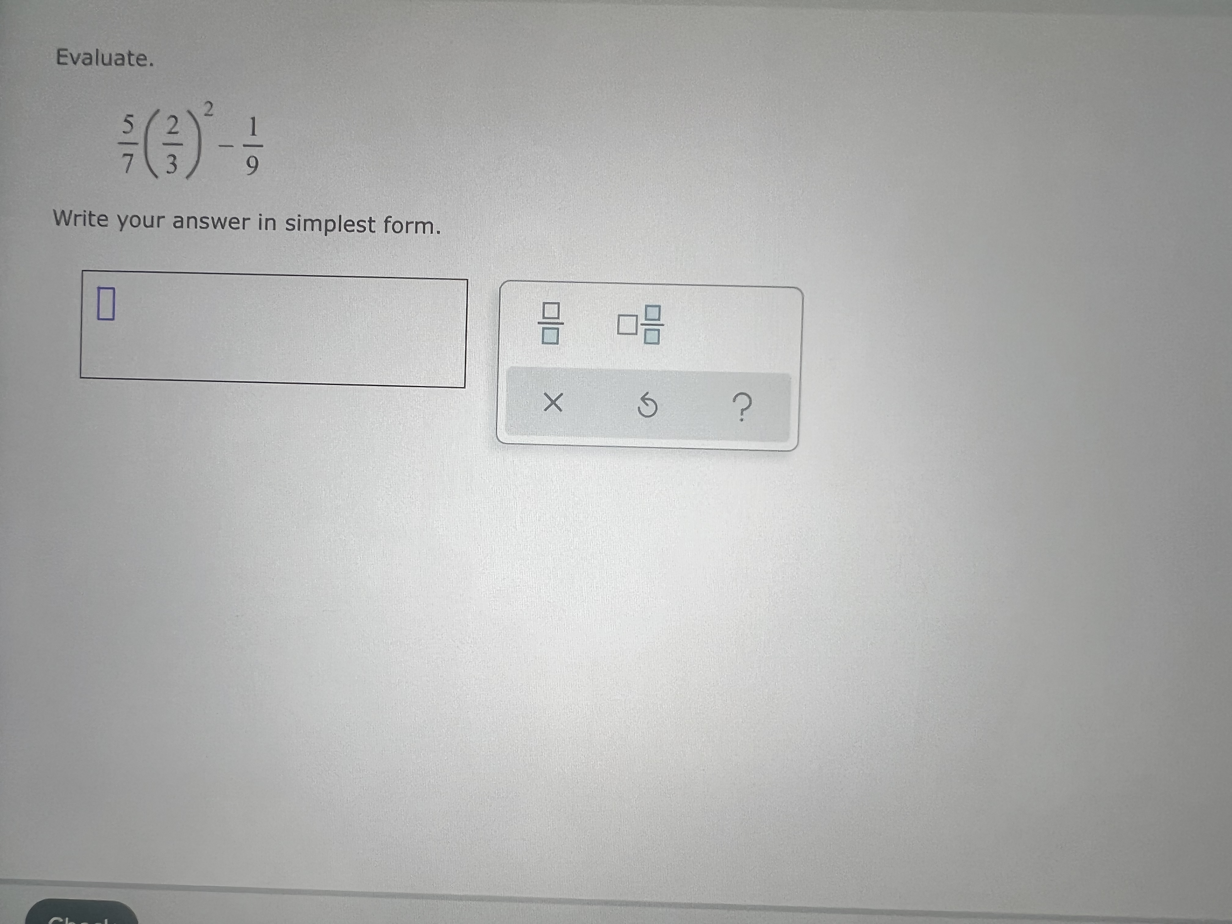 Evaluate. $ (3)-: Write your answer in simplest