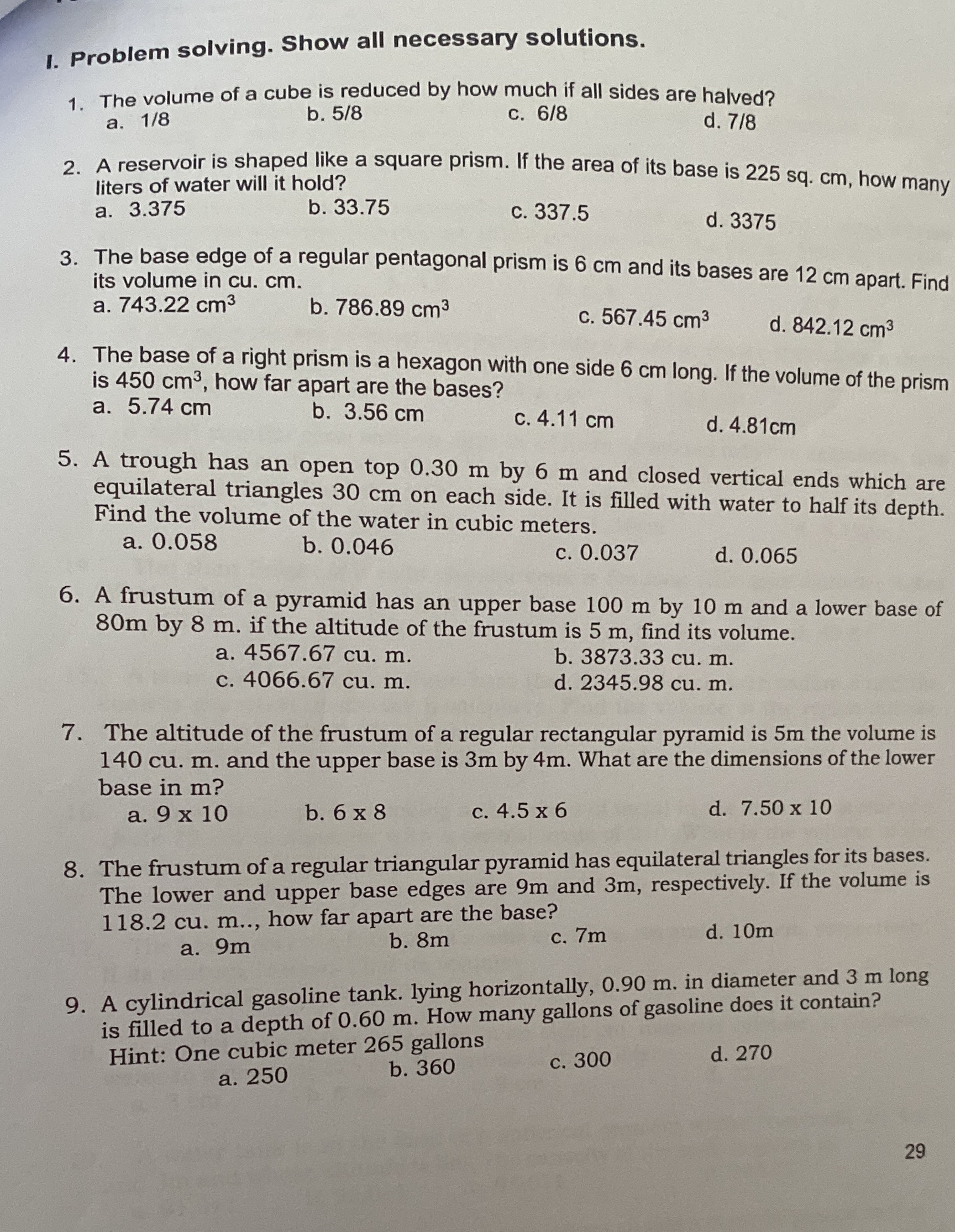 Pg 29 Solid Mensuration 1. Problem solving. Show