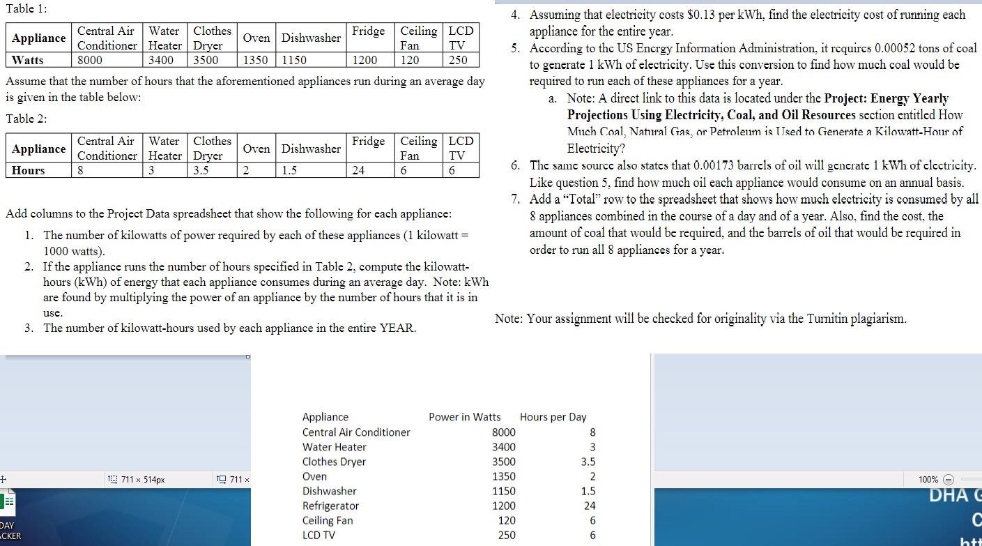 Table 1: 4. Assuming that electricity costs $0.13