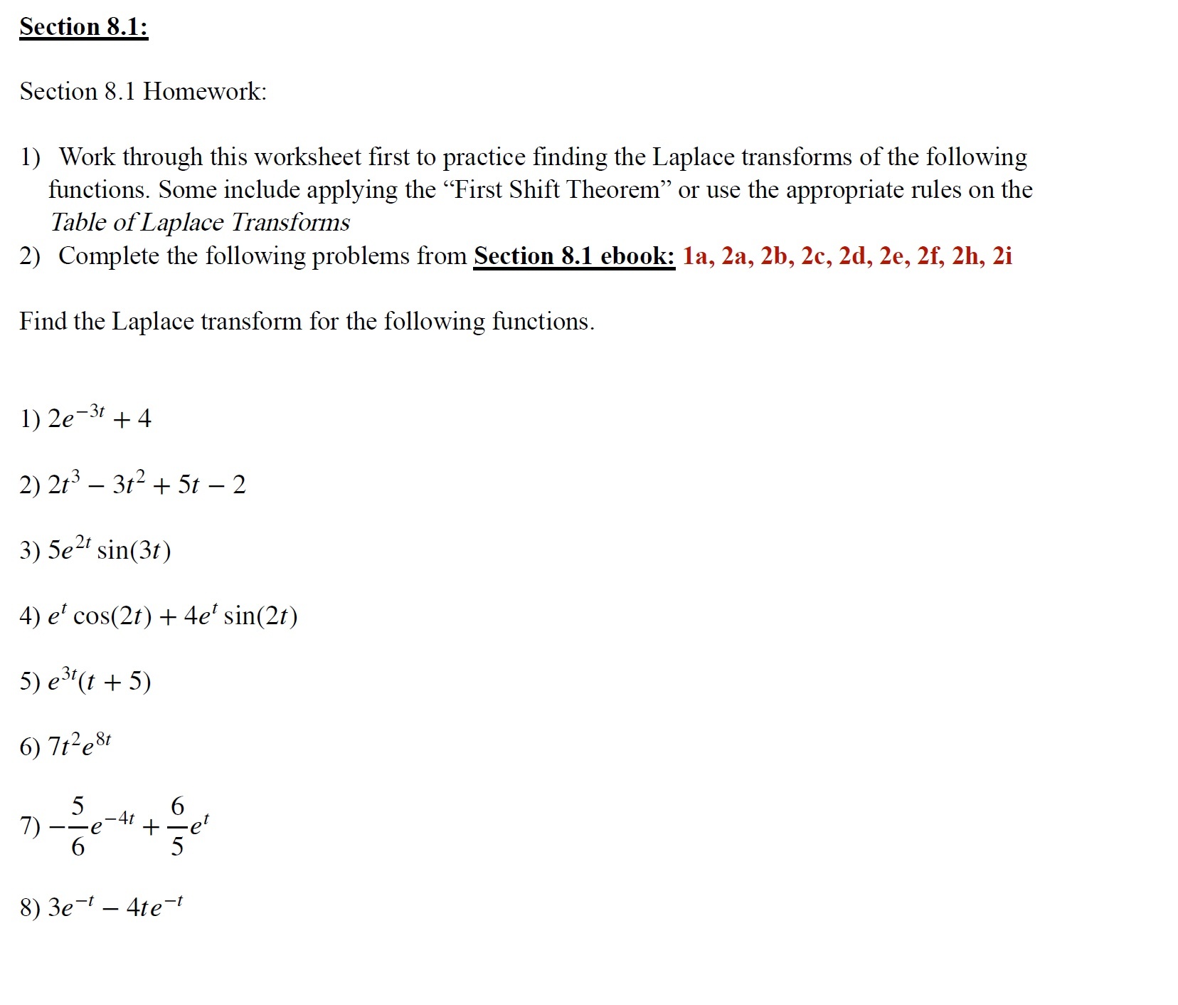 La Place Transformations Table of La Place