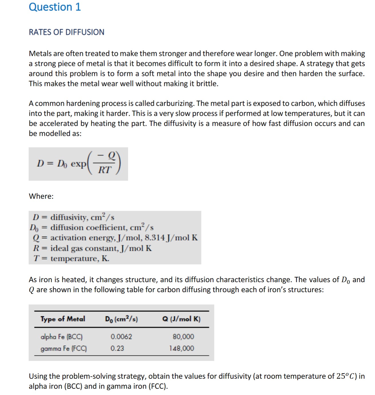 Question 1 RATES OF DIFFUSION Metals are often