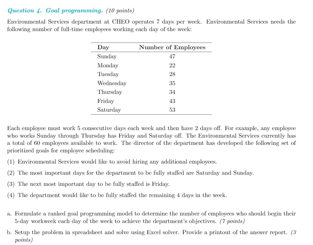 Question 4. Goal. programming. {10 points)