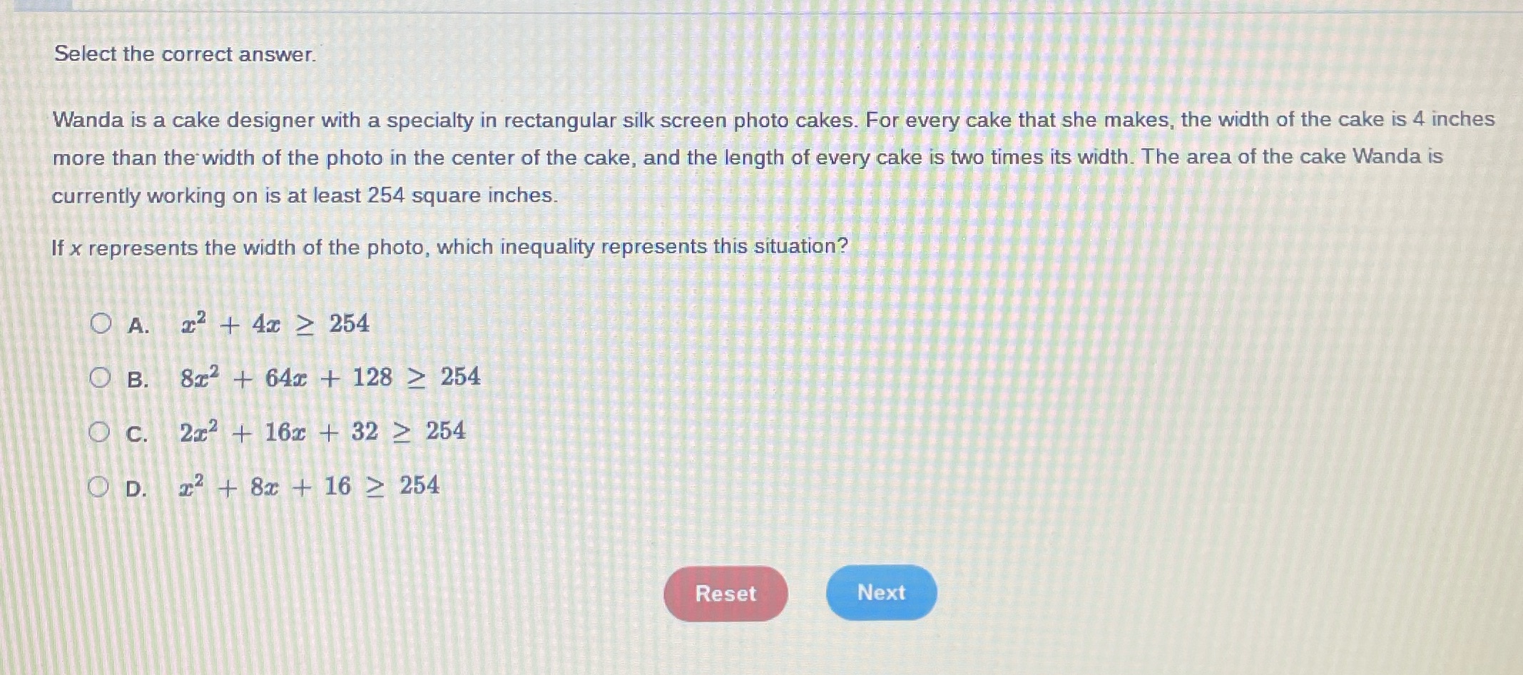 ? Select the correct answer. Wanda is a cake