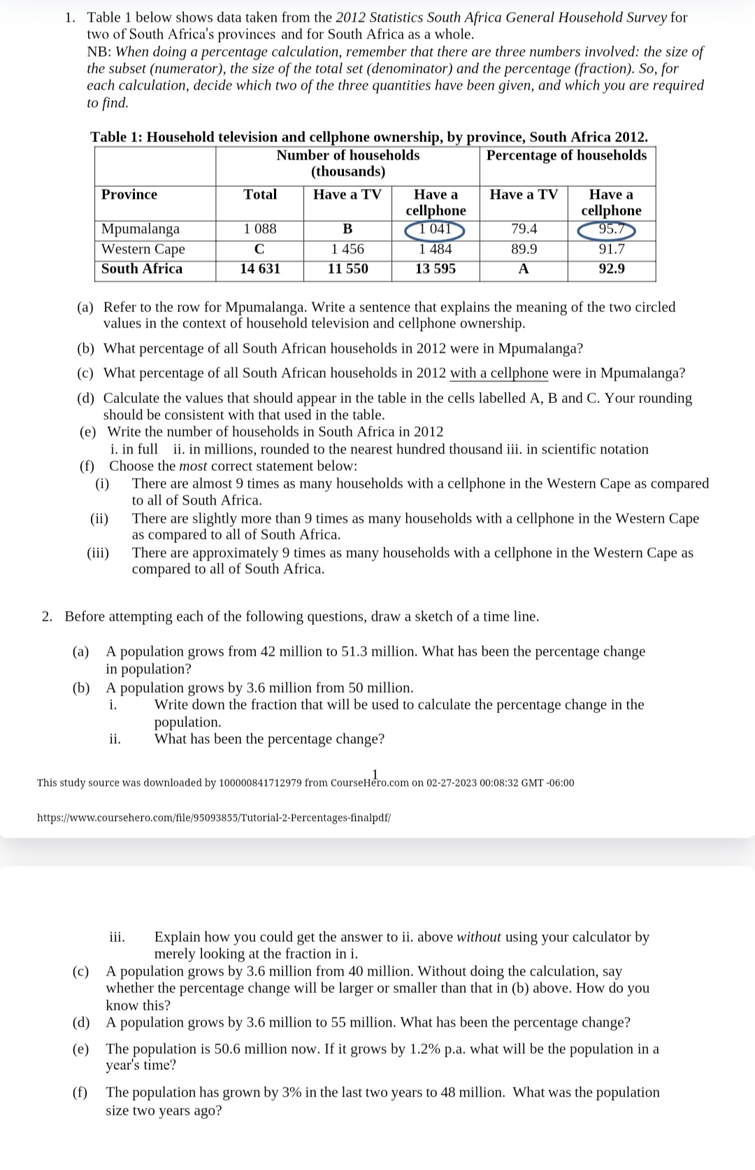 1. Table 1 below shows data taken from the 2012