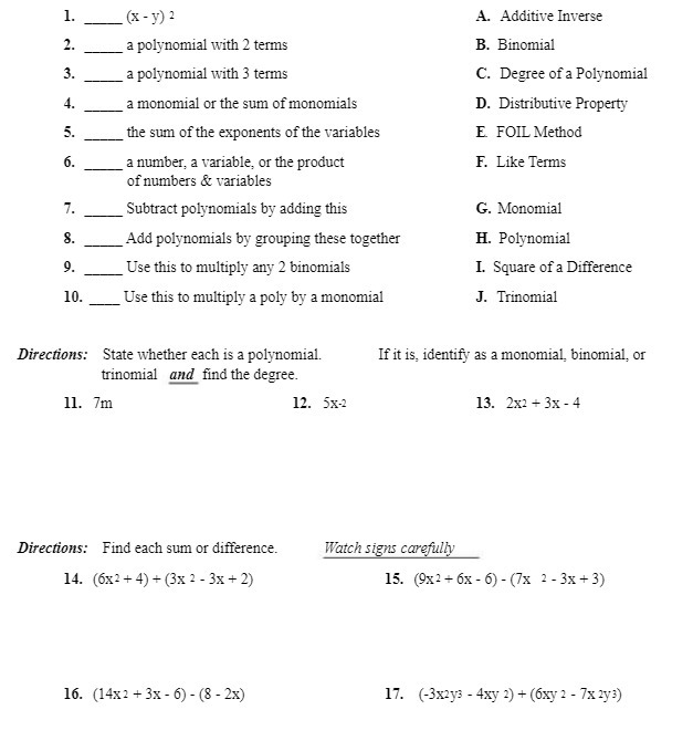 1. (x - y) 2 A. Additive Inverse 2. a polynomial