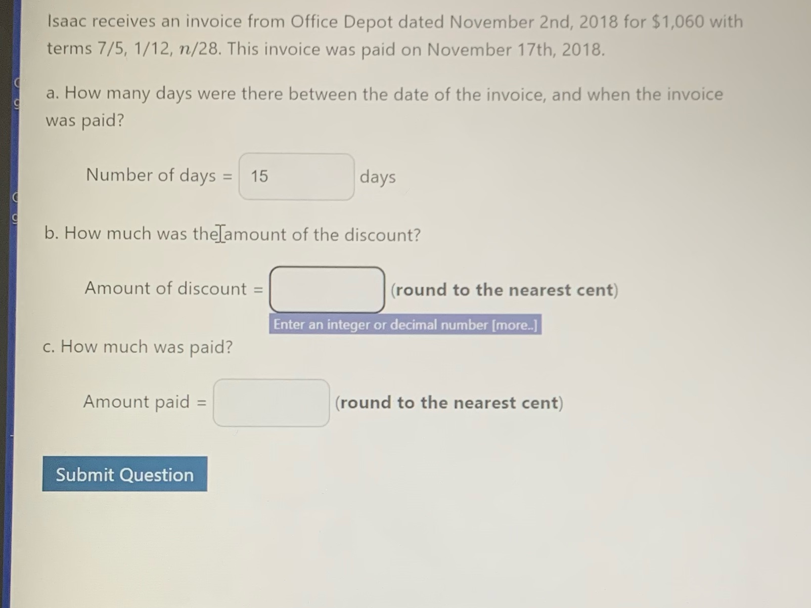 Isaac receives an invoice from Office Depot dated
