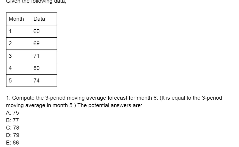 Given the following data, Month Data 60 2 69 3 71