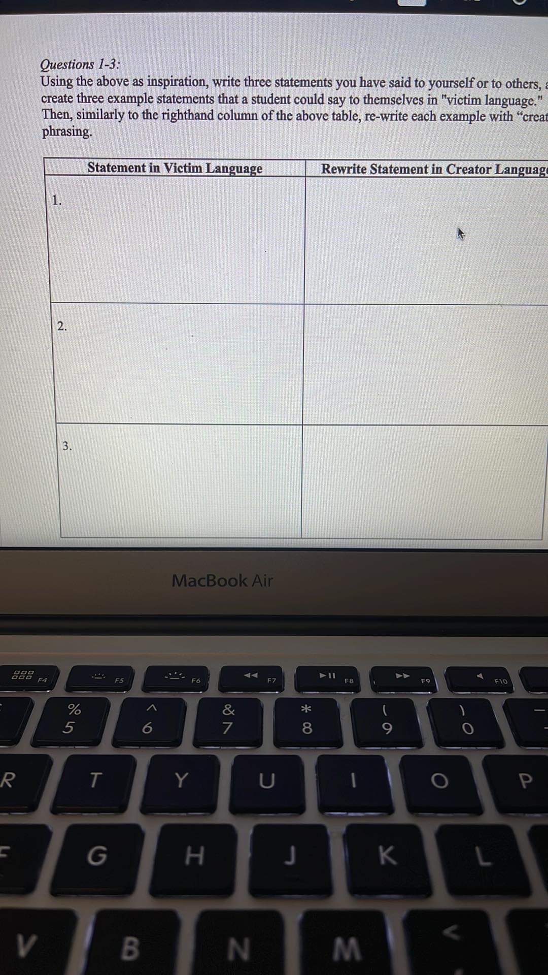 Questions 1-3: Using the above as inspiration,