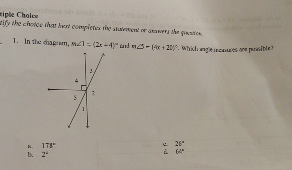 solve for possible angel measure tiple Choice