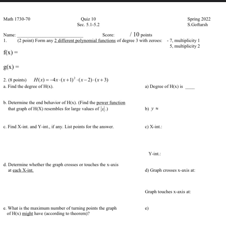 Math 1730-70 Quiz 10 Spring 2022 Sec. 5.1-5.2