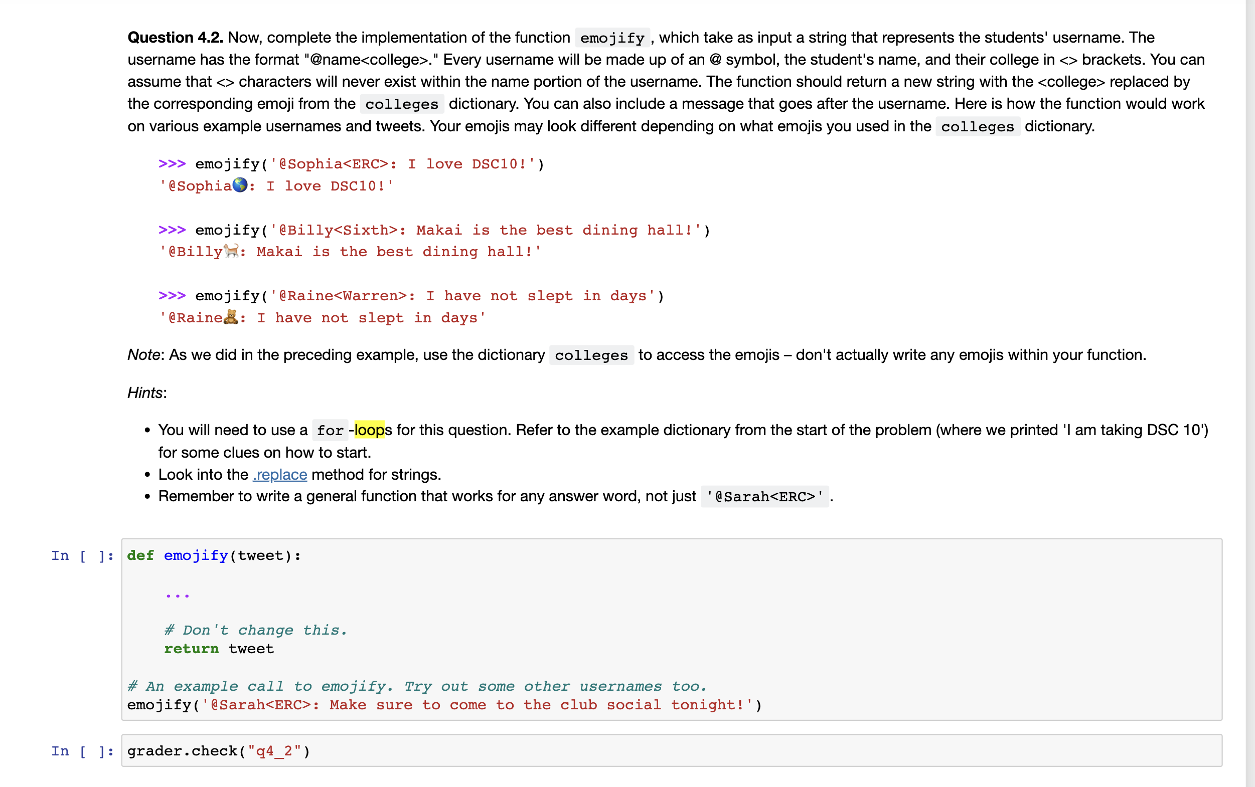 How to solve for 4.2 with For-loops Question 4.1