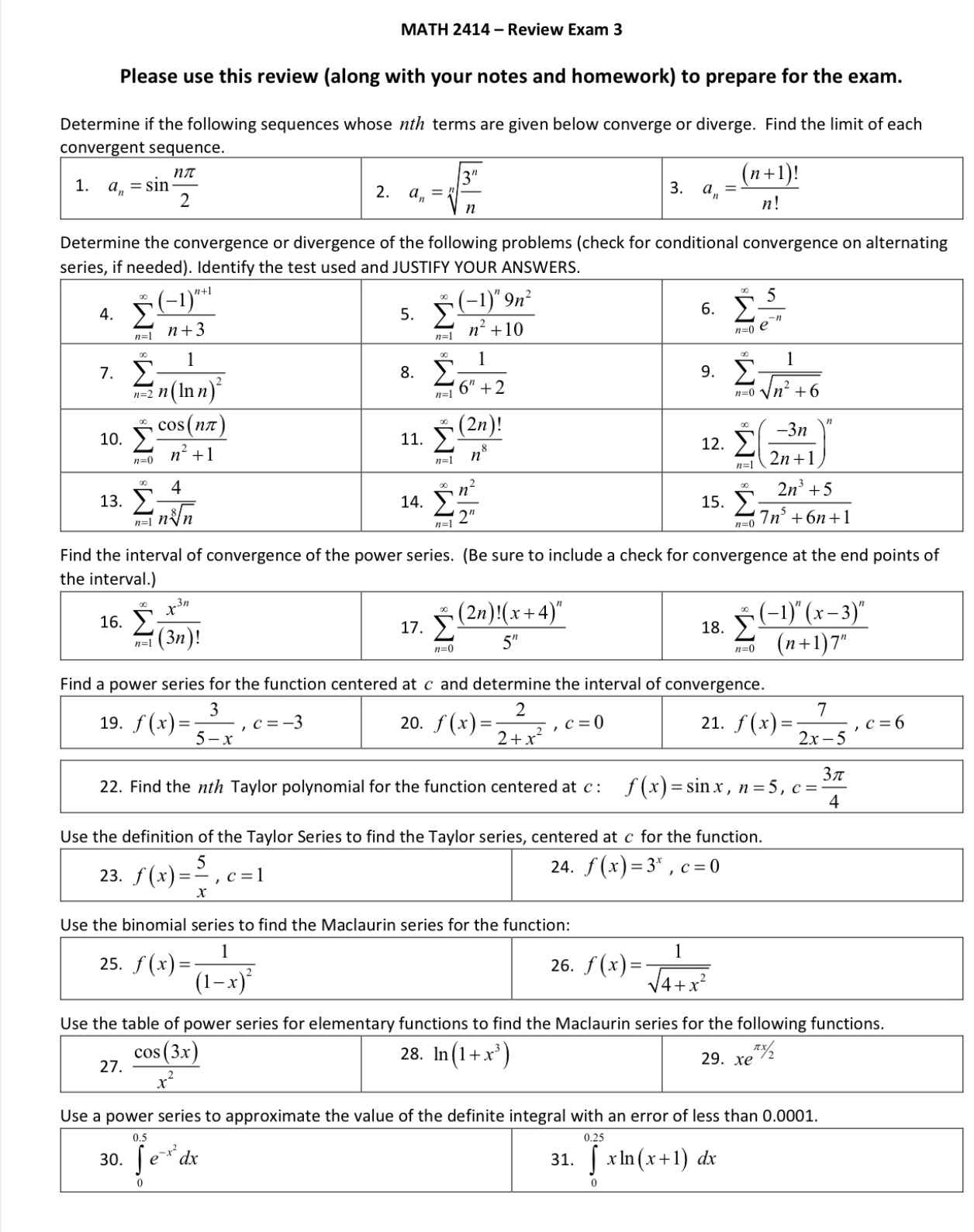 Step by step pls MATH 2414 - Review Exam 3 Please