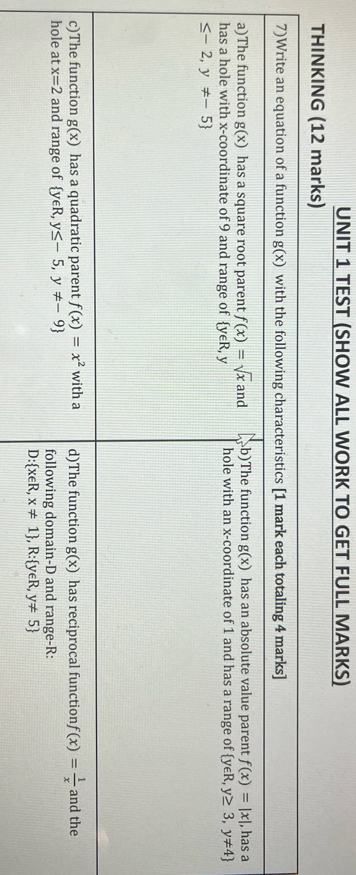 UNIT 1 TEST (SHOW ALL WORK TO GET FULL MARKS)