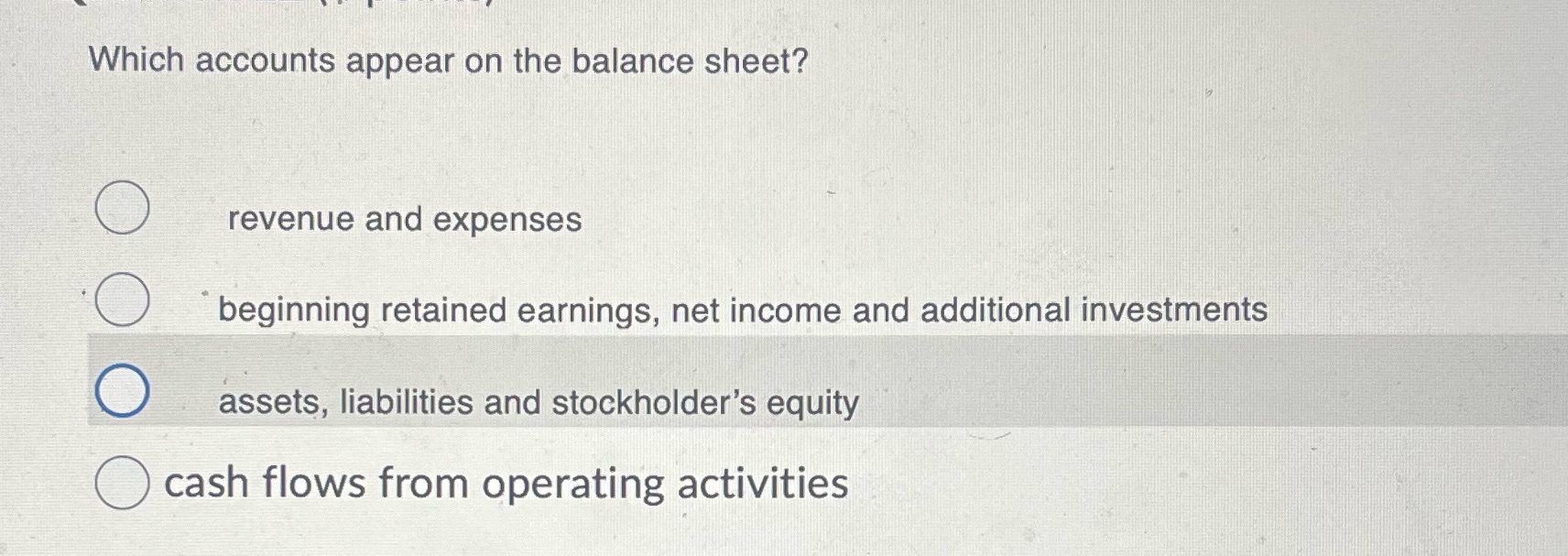 Which accounts appear on the balance sheet? O