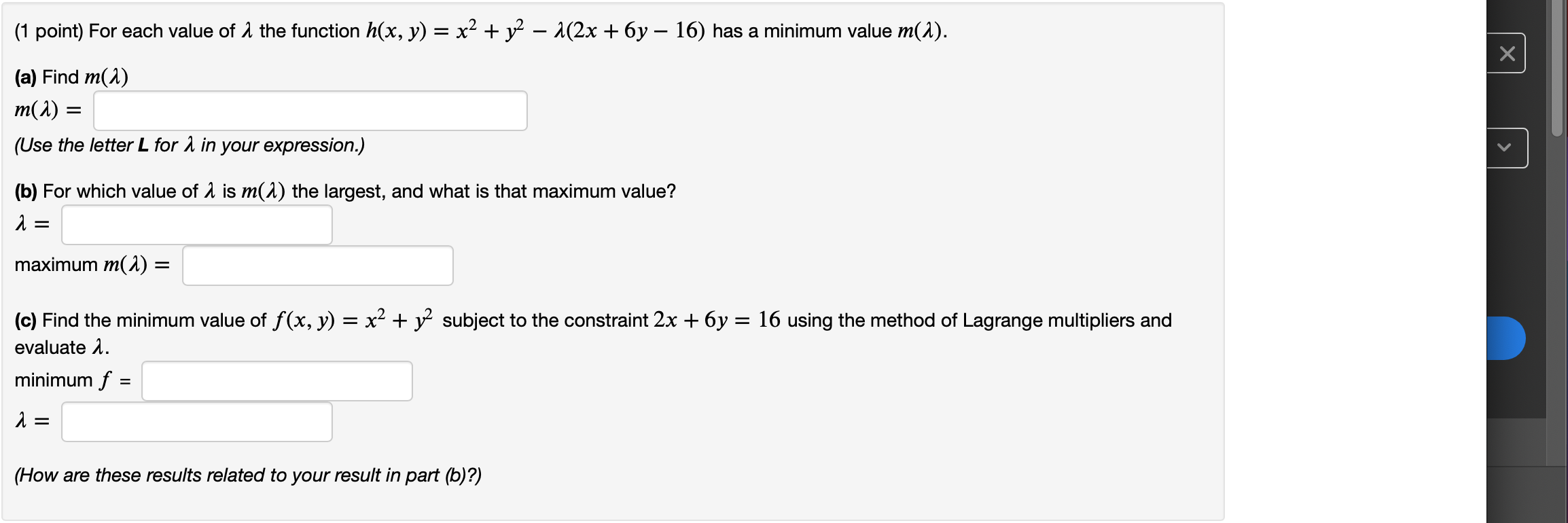 (1 point) For each value of A the function h(x,