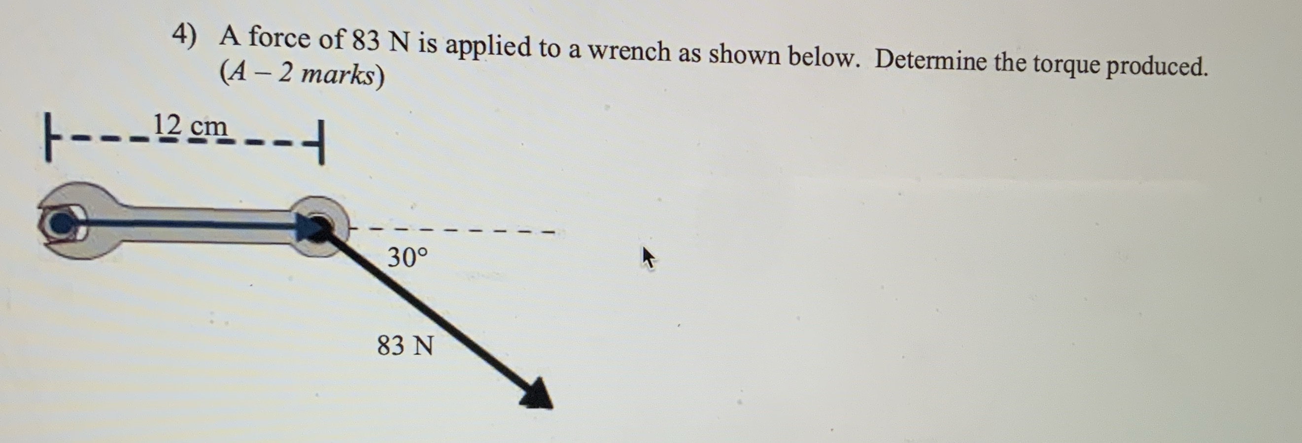 4) A force of 83 N is applied to a wrench as