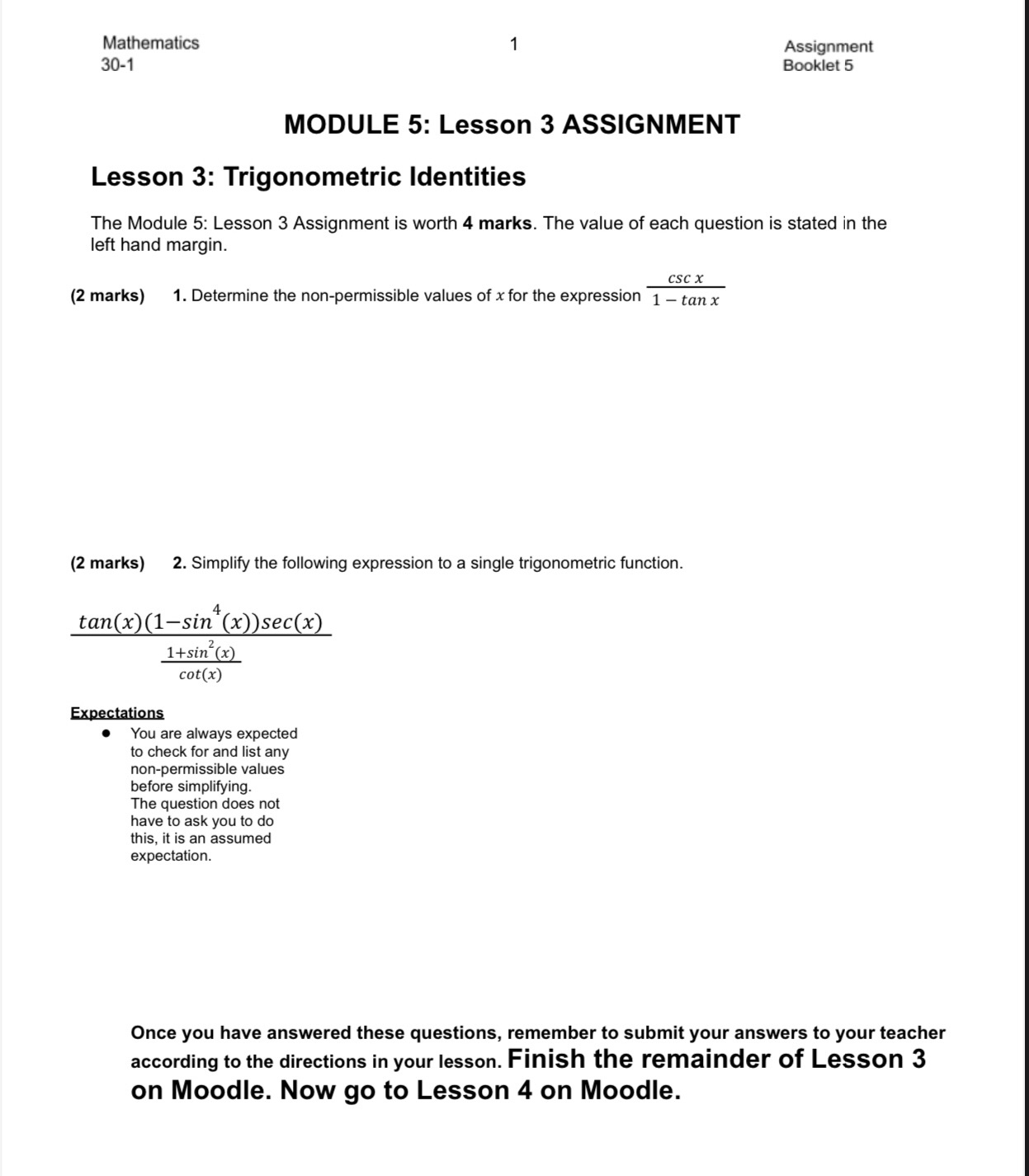 Mathematics 1 Assignment 30-1 Booklet 5 MODULE 5: