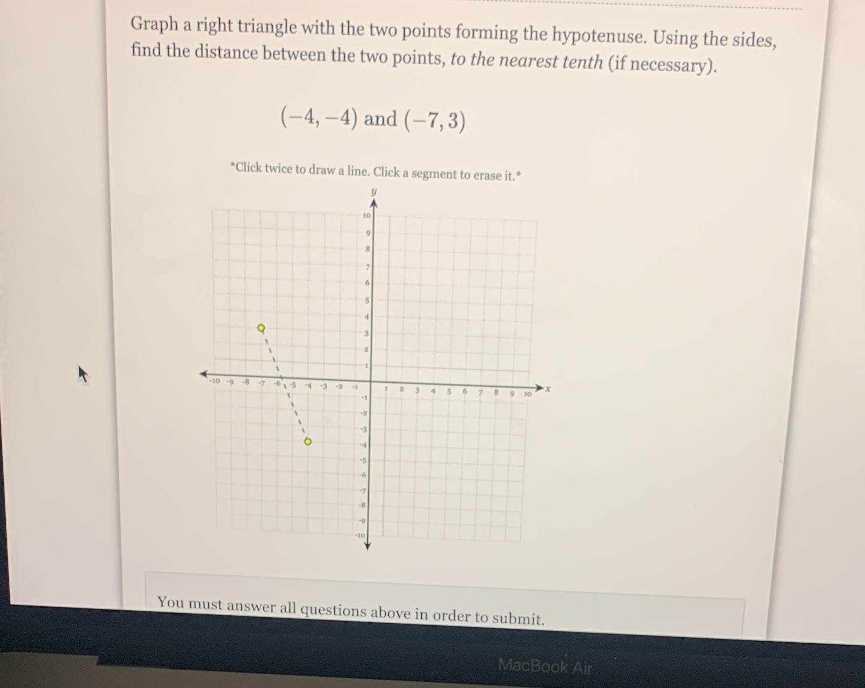 Graph a right triangle with the two points