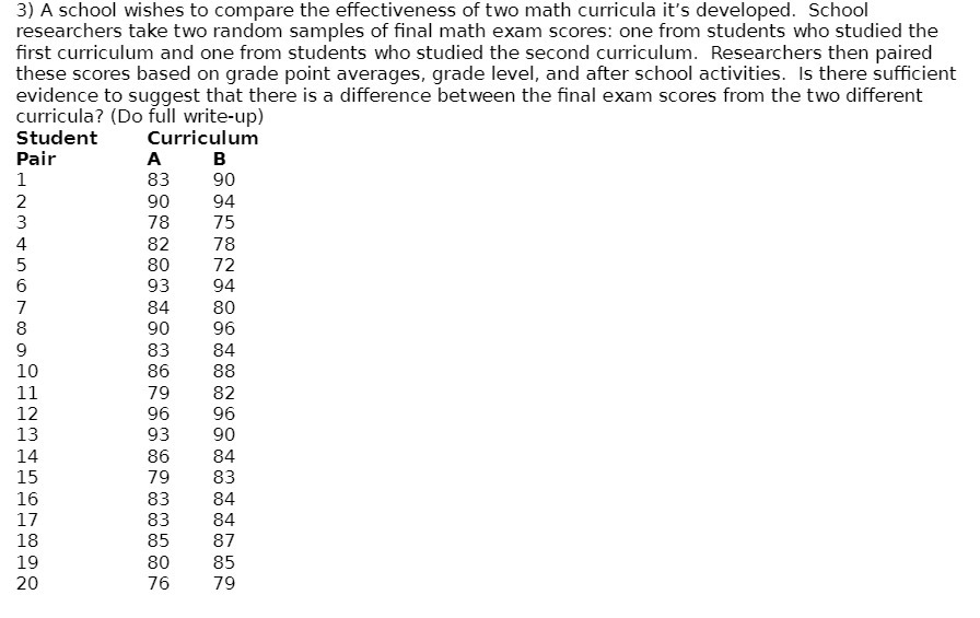 3) A school wishes to compare the effectiveness