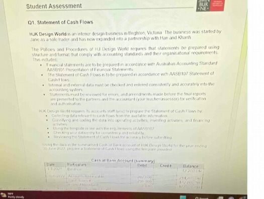 Student Assessment BUR . NE Q1. Statement of Cash