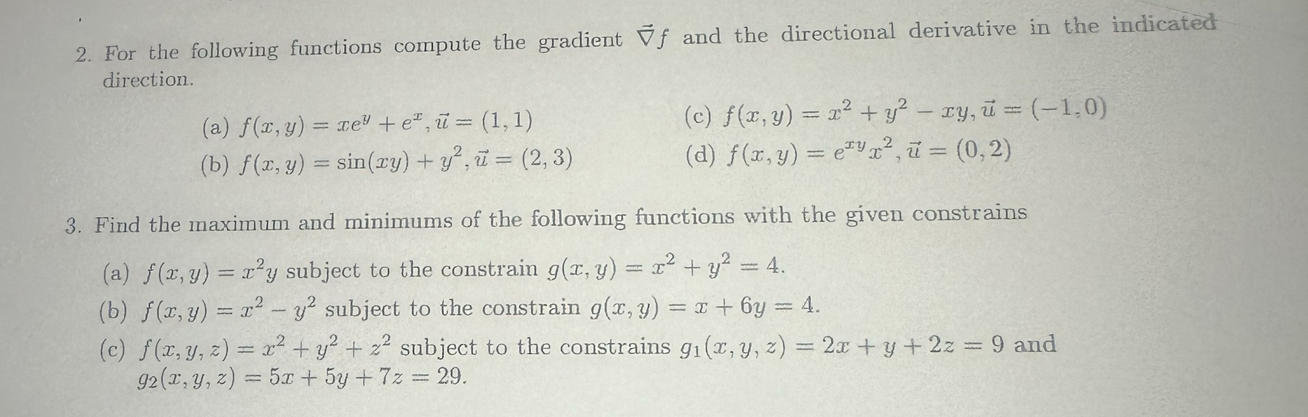 2. For the following functions compute the