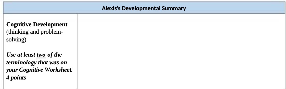 Alexis's Developmental Summary Cognitive