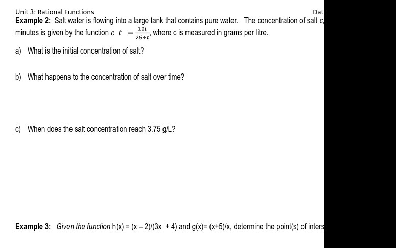 Unit 3: Rational Functions Dat Example 2: Salt