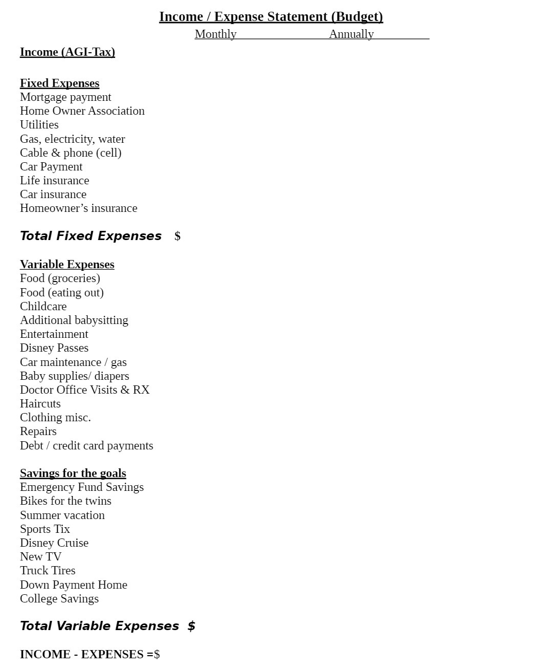 Income / Expense Statement [Budget] Income