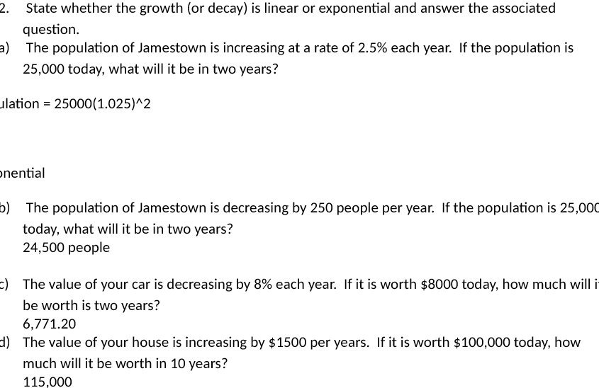 2. State whether the growth (or decay] is linear