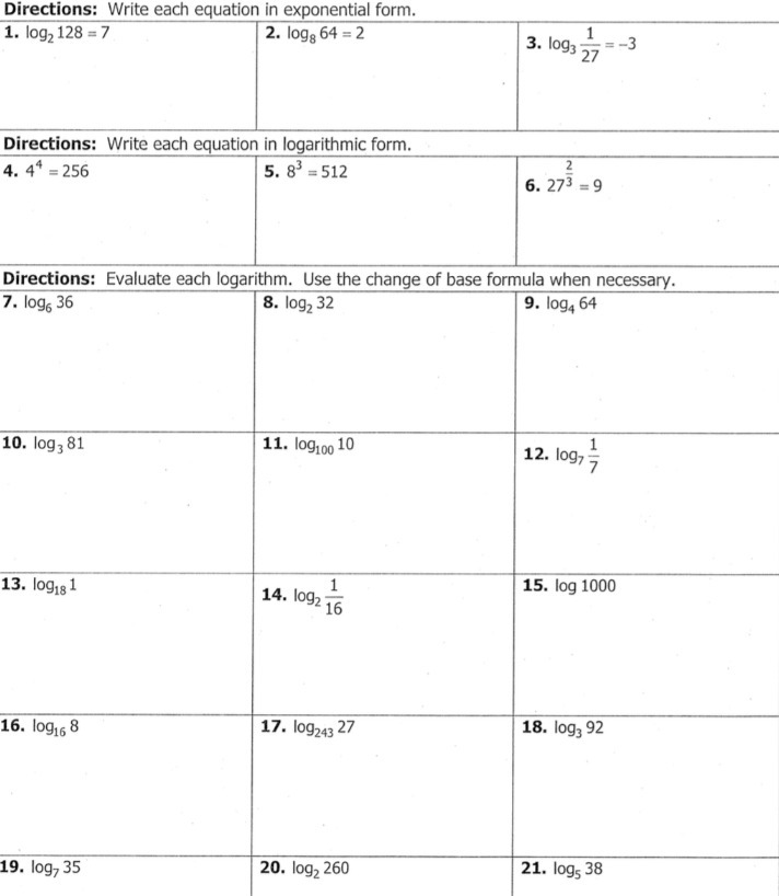 Directions: Write each equation in exponential