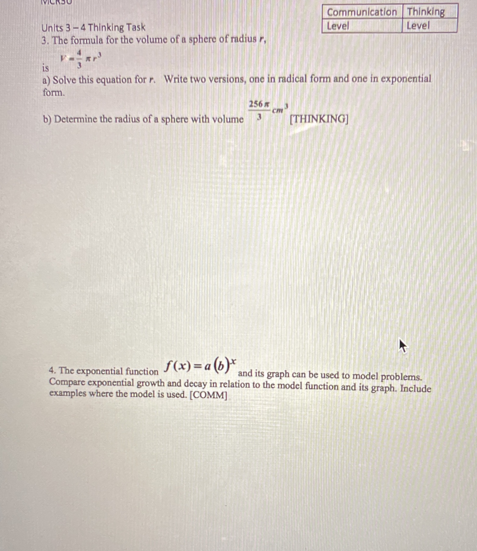 Communication Thinking Units 3 - 4 Thinking Task