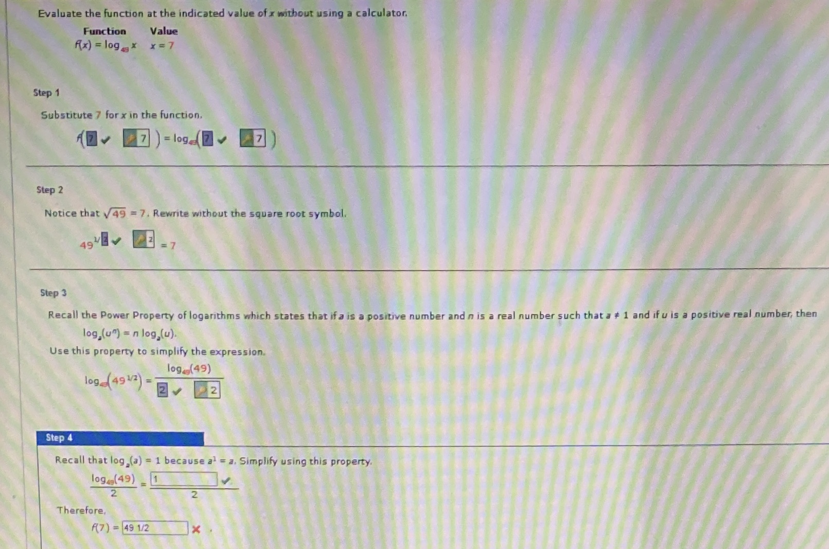 Help me with the X (wrong answer) Evaluate the