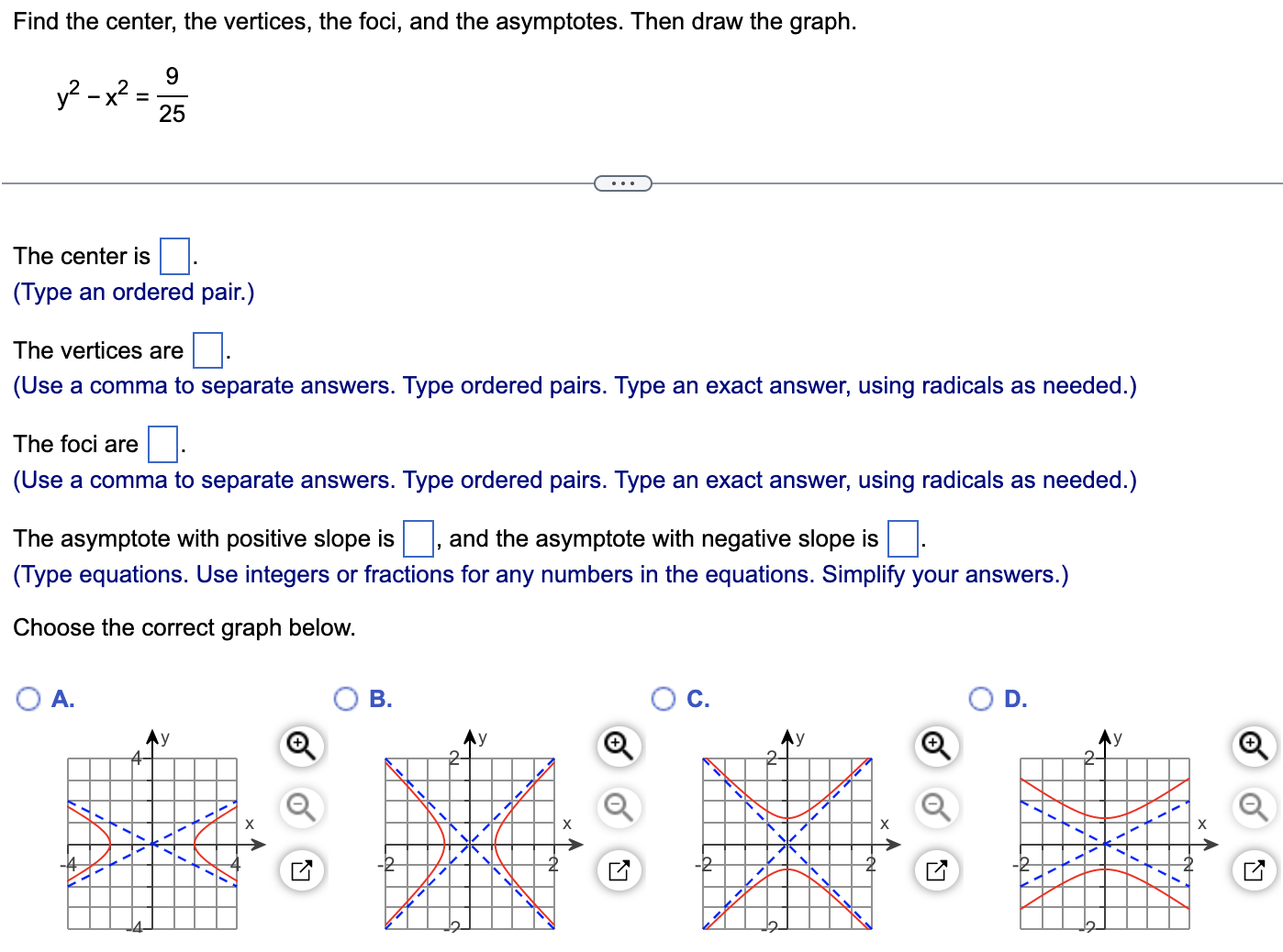 Find the center, the vertices, the foci, and the