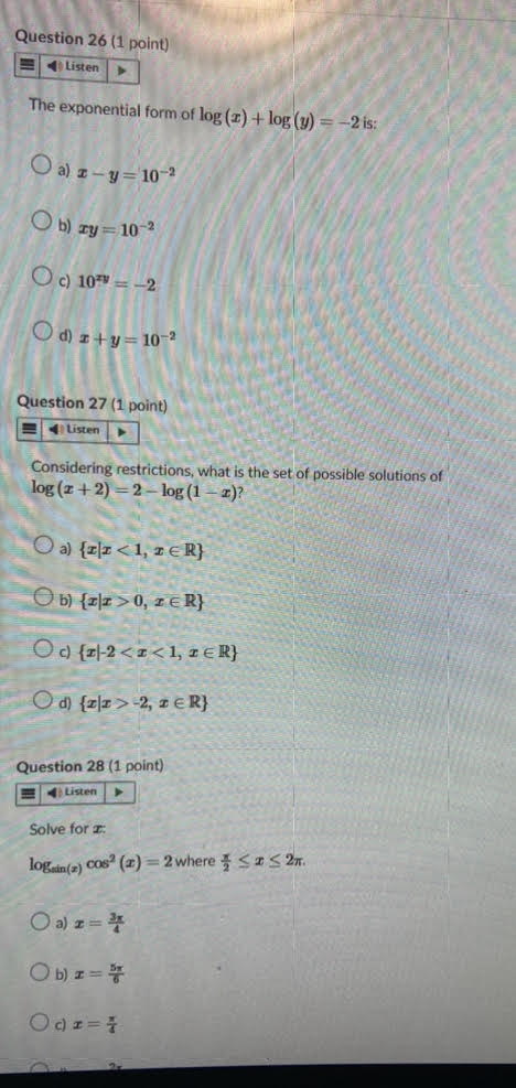 Question 26 (1 point) Listen The exponential form
