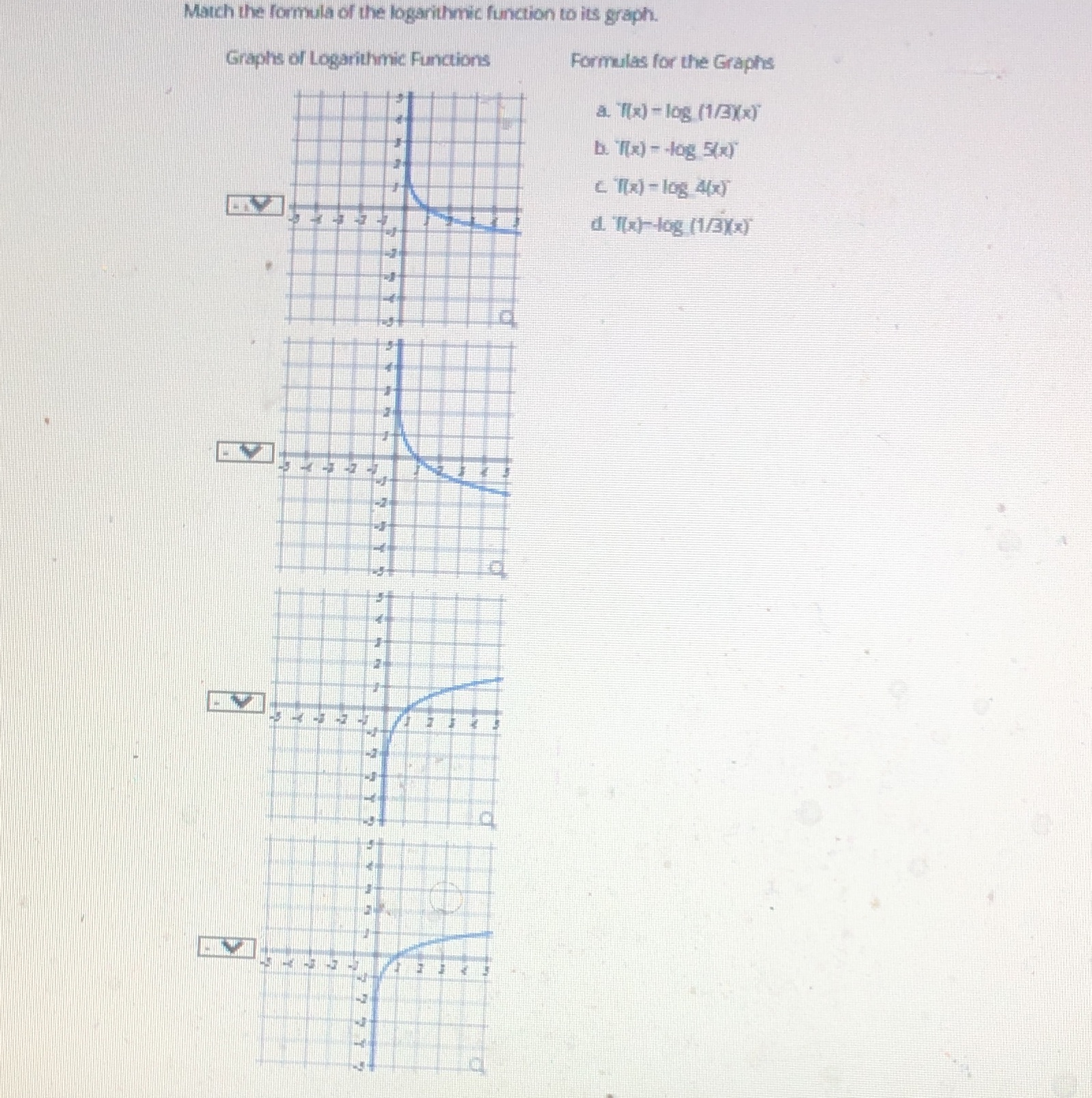 Match the formula of the logarithmic function to