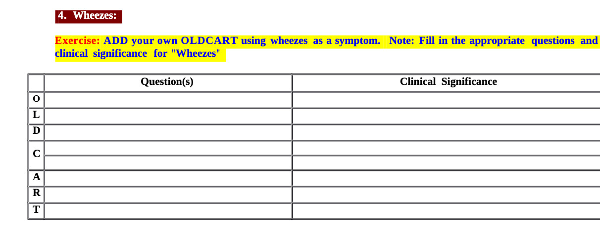 4. Wheezes: Exercise: ADD your own OLDCART using