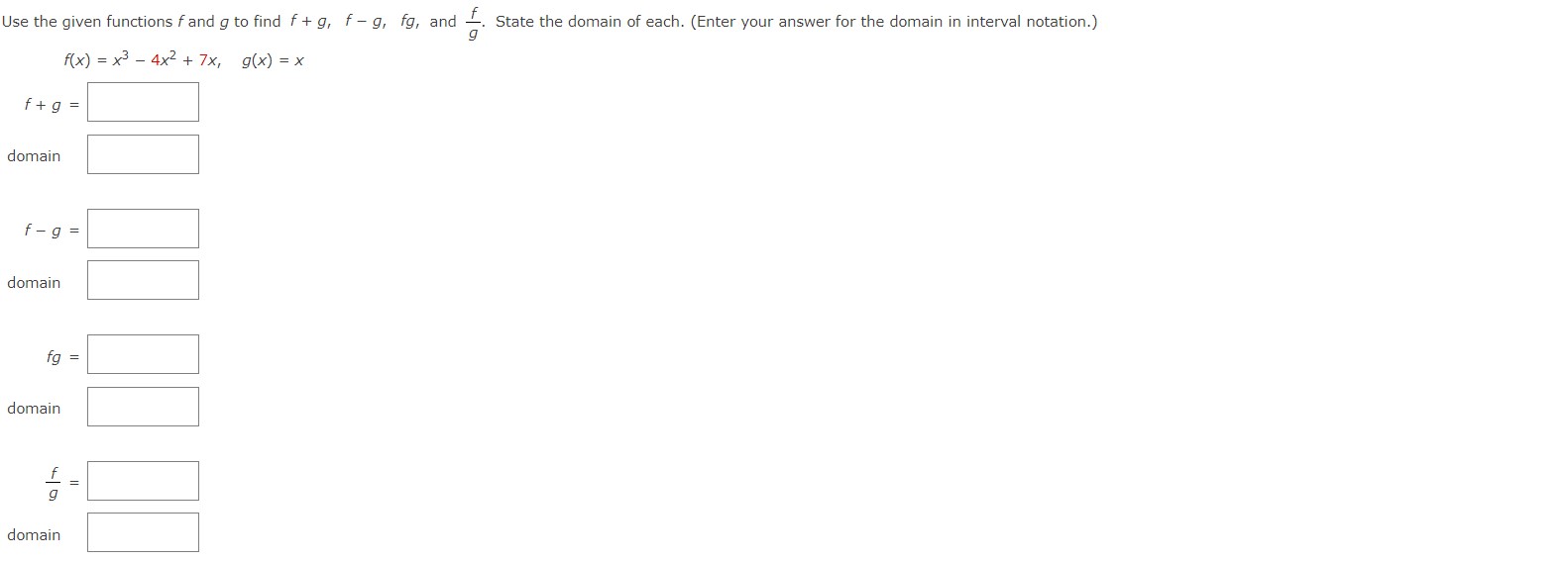 q1 Use the given functions f and g to find f+ g,