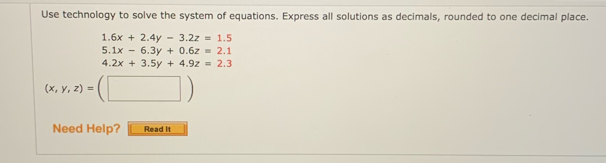 Use technology to solve the system of equations.