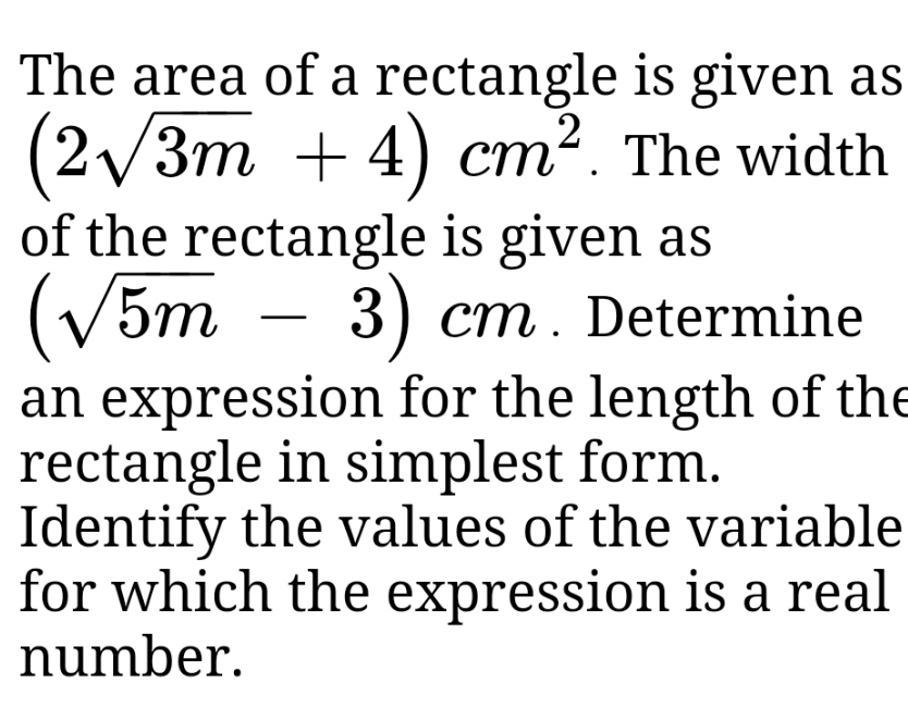 show steps The area of a rectangle is given as