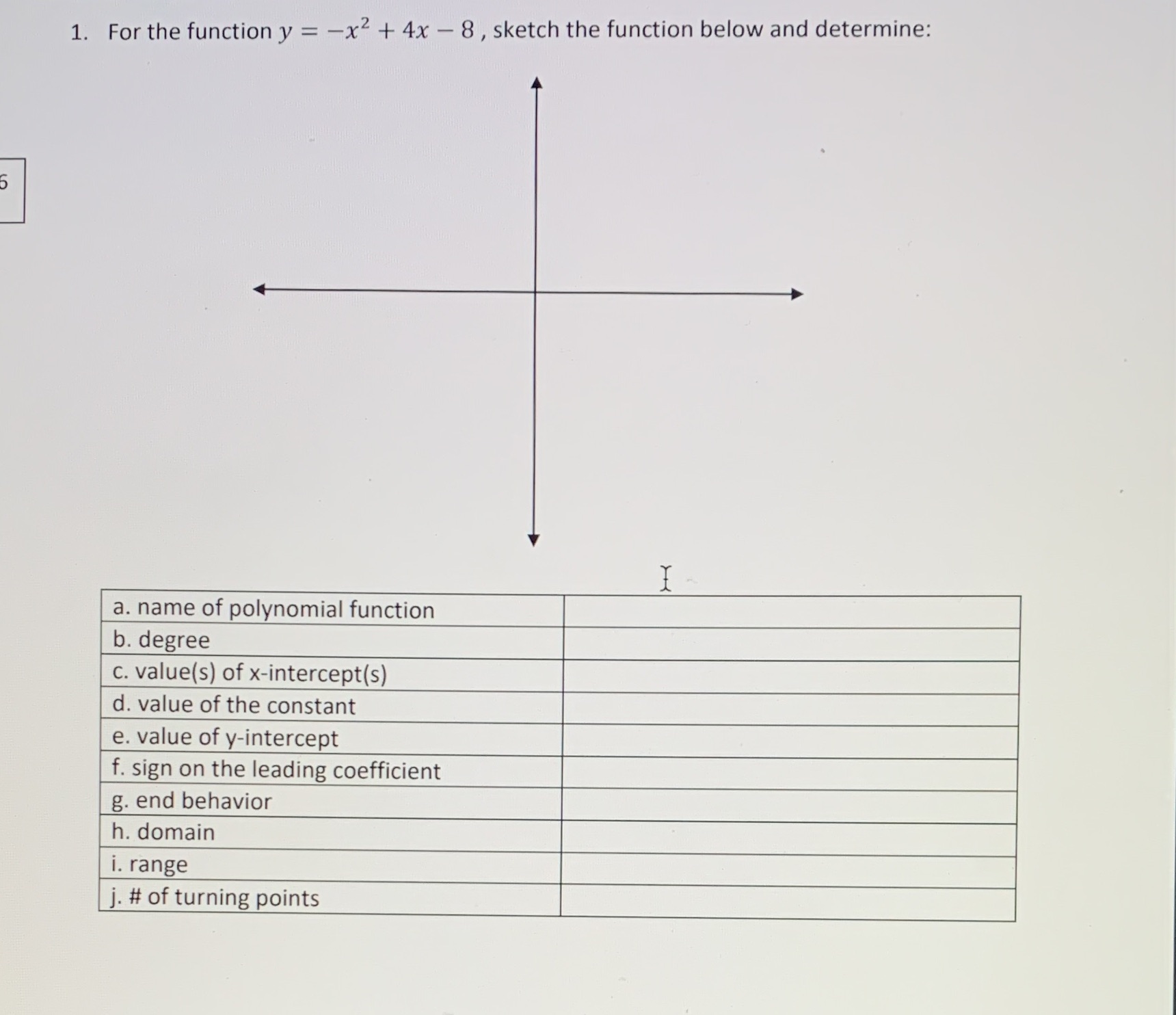 1. For the function y = -x2 + 4x - 8, sketch the