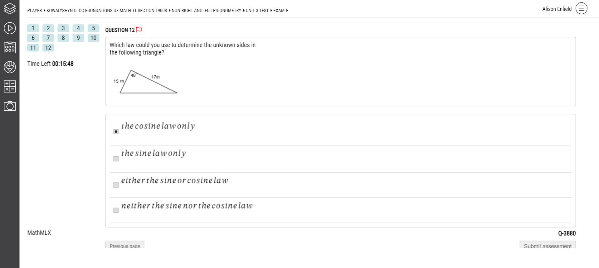 PLAYER KOWALYSHYN O. CC FOUNDATIONS OF MATH 11