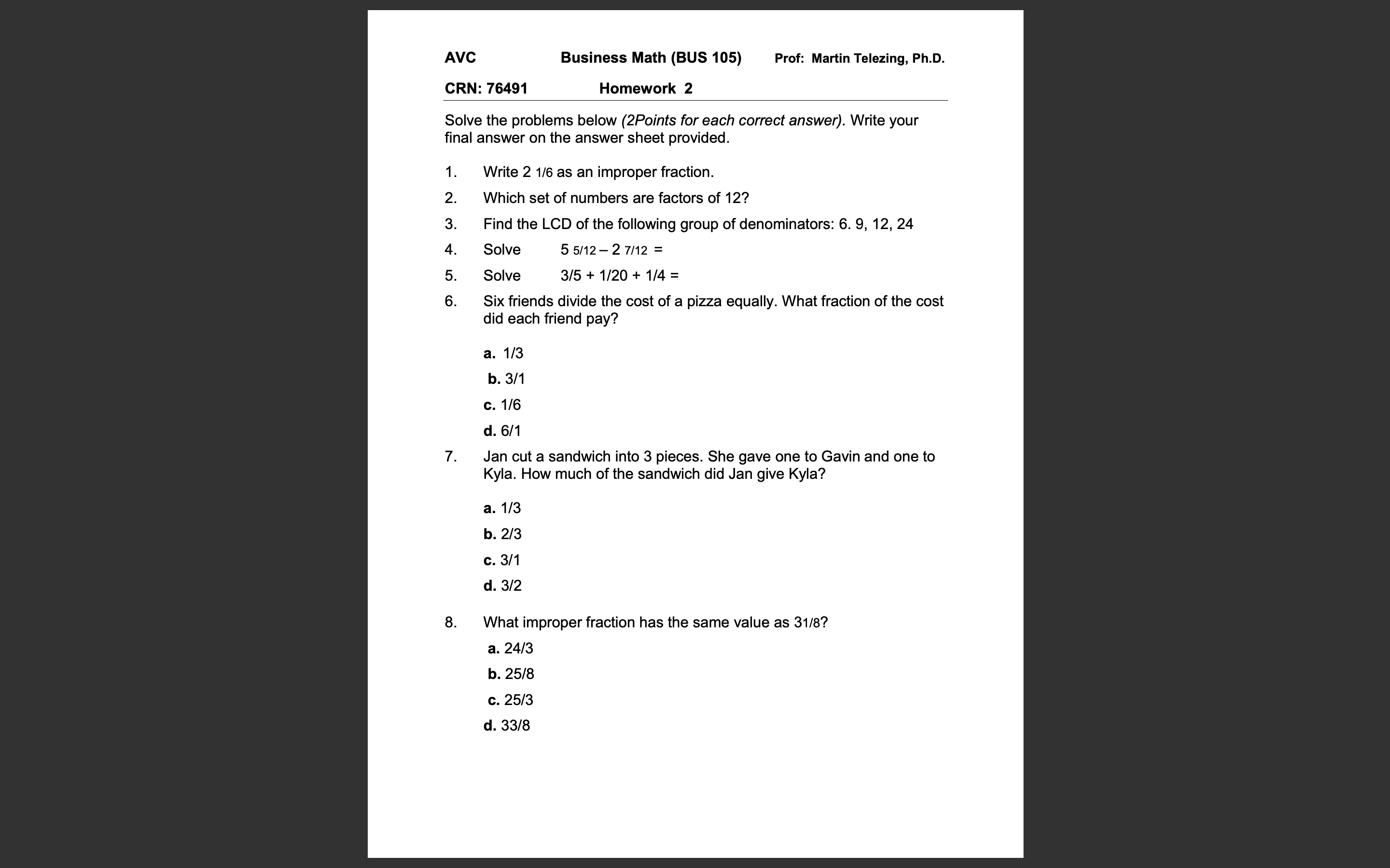 Please help solve below AVC Business Math (BUS